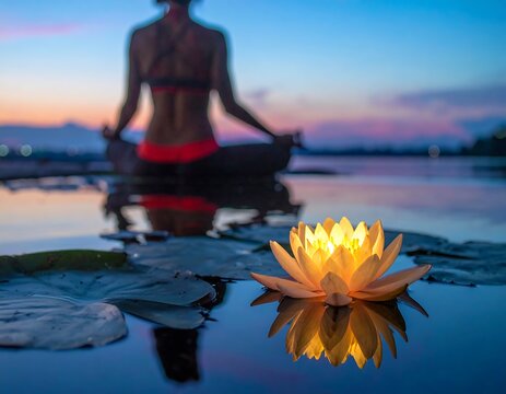 Lotus flower glows on tranquil water as person meditates at dusk