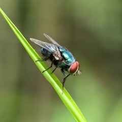 Metallic fly perched on vibrant green blade