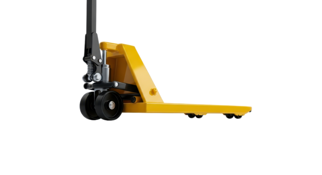 Yellow pallet jack used for lifting and moving heavy items isolated PNG with Transparent Background