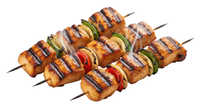 Grilled chicken skewers with vegetables isolated PNG with Transparent Background