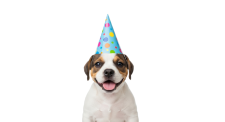 Happy Jack Russell Terrier wearing a party hat isolated PNG with Transparent Background