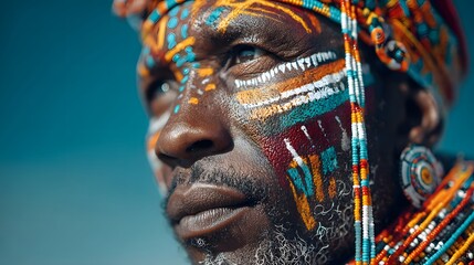 Fototapeta premium Indigenous man displays vibrant facial painting and beaded adornments against a clear sky backdrop