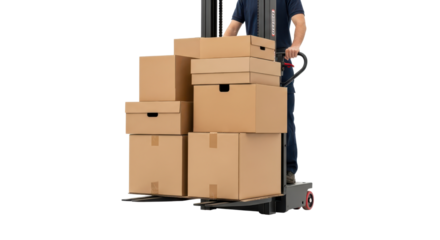 Man using platform trolley to move cardboard boxes isolated PNG with Transparent Background