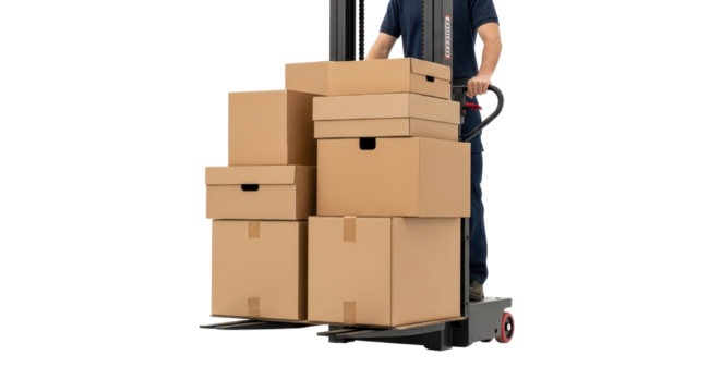 Man using platform trolley to move cardboard boxes isolated PNG with Transparent Background