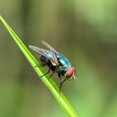 Shiny fly perches on vibrant green leaf