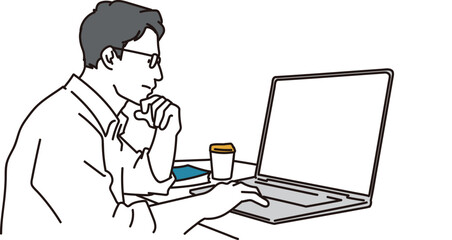 パソコンの前で悩むメガネの男性のイラスト素材