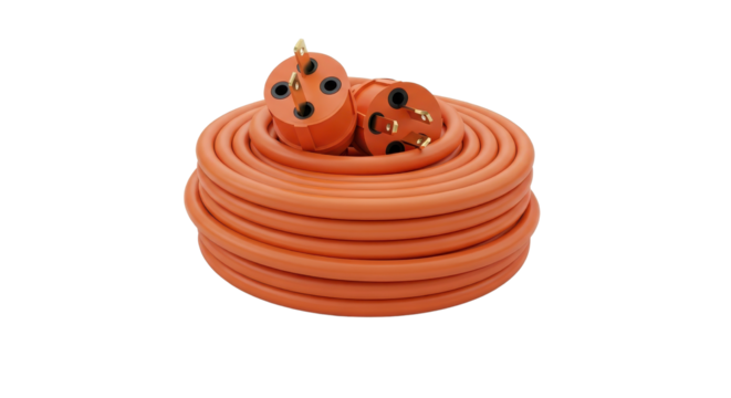Orange electrical cord coiled with plugs isolated PNG with Transparent Background