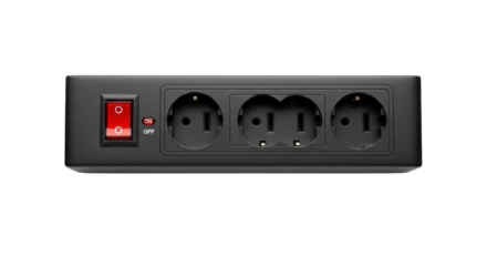 Black power strip with three sockets and a red switch isolated PNG with Transparent Background