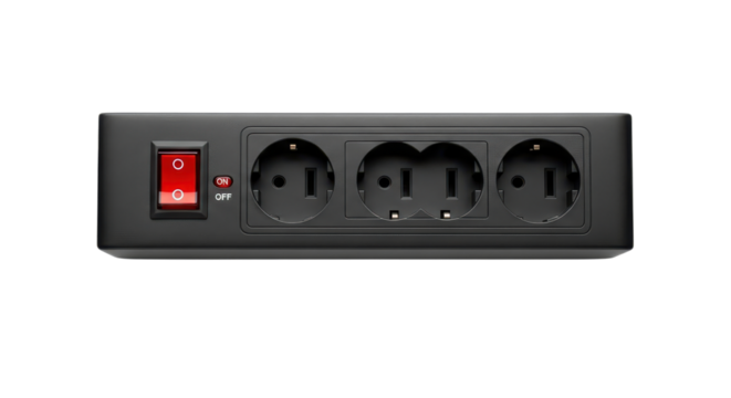Black power strip with three sockets and a red switch isolated PNG with Transparent Background
