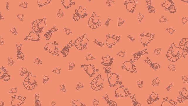 Many sketchlike cartoon animals on a peach background, perfect for childrens book illustrations, nursery decor, and social media graphics.
