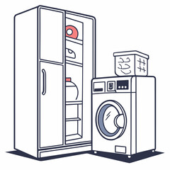 Open cabinet with laundry basket and washing machine