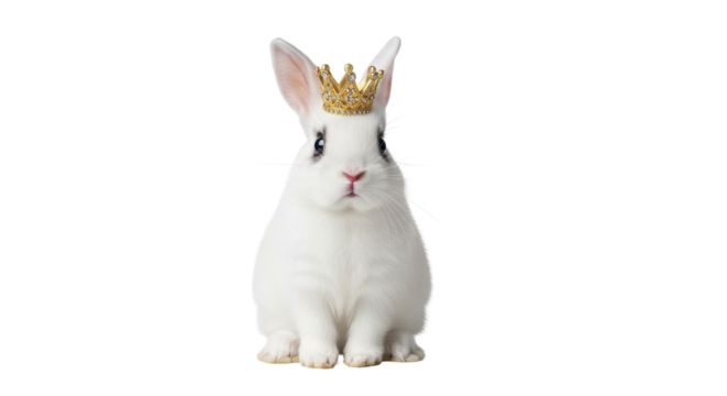 White rabbit wearing a golden crown isolated PNG with Transparent Background