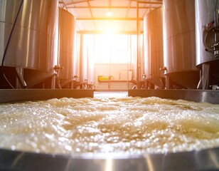 Large, stainless steel tanks in a beverage production facility