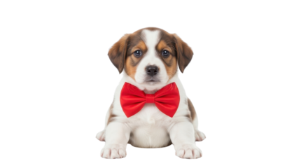 Cute puppy dog wearing a red bow tie isolated PNG with Transparent Background