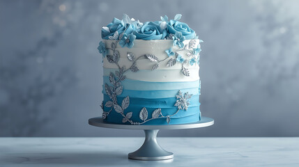 gradient blue celebration cake with silver floral accents and fondant roses on metallic stand