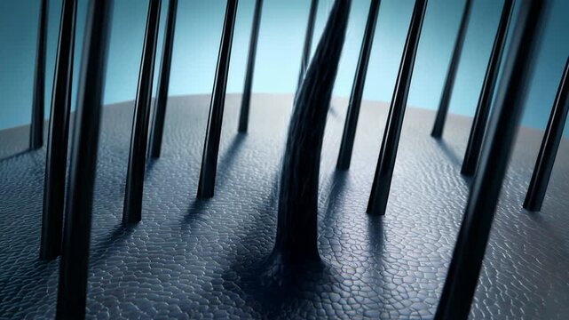 頭皮から髪の毛が生える3DCGアニメーション  顕微鏡で見た発毛や育毛、植毛のイメージ