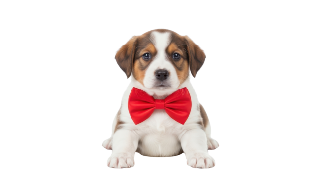 Cute puppy dog wearing a red bow tie isolated PNG with Transparent Background