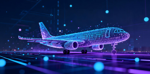 Digital Wireframe Airplane with Binary Code on Futuristic Tech Background