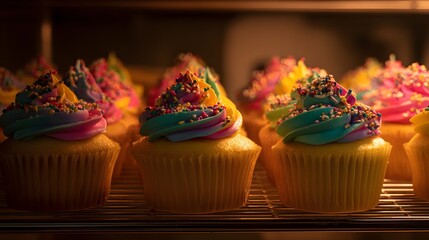 Row of brightly frosted baked confections rests under warm illumination on a metal rack