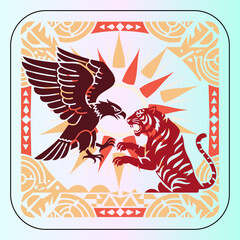 Powerful Eagle and Tiger Confrontation with Tribal Sunburst Art