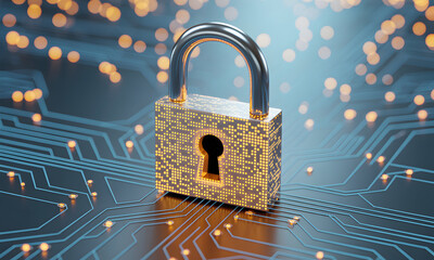 Secure digital padlock illuminated with data streams and glowing circuits, representing cybersecurity and online protection in a modern technological world.