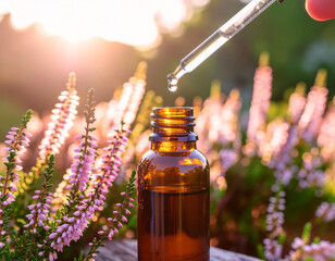 Amber glass bottle with a dropper pipette dispensing a drop of Bach Flower Remedy Heather, field Flowers, Calluna Vulgaris, Sun, Drop Essence