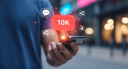 Celebrate reaching 10K followers with exciting social media notifications and glowing engagement icons on a smartphone screen