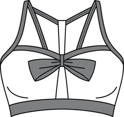 Fashion flat sketch bralette design, decorative bow front sports bra, strappy back lingerie, technical apparel drawing, clothing vector illustration template