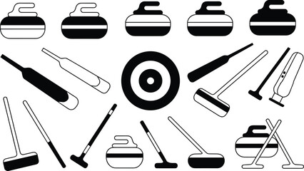 Curling sport equipment silhouette set, curling stones and brooms icons, winter sports target illustration, competitive ice game tools, isolated graphic