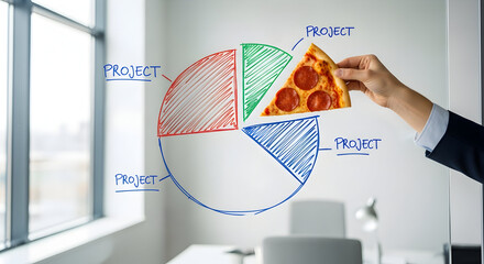 Clever businessman uses pizza slice to represent a project's share in a colorful pie chart diagram on a whiteboard, symbolizing resource allocation and business strategy.