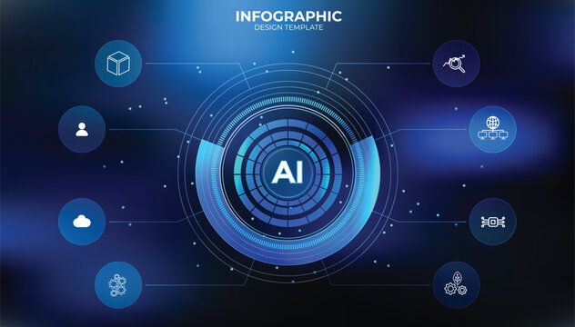 Glassmorphism Infographic template for process flow diagram AI- Tech background. Flat infographic design with thin lines for website or data presentation. 6 Buttons choice. UI UX, liquid glass
