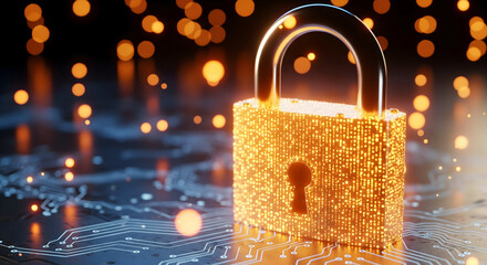 Secure your digital world with this stunning glowing padlock, symbolizing cybersecurity and data protection on a futuristic circuit board background with bokeh lights.