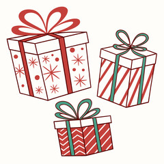 Three Christmas gift boxes with red bows and teal ribbons