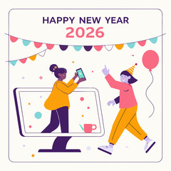 Two people celebrating New Year 2026 with a virtual connection