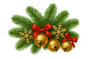 Christmas fir branches decorated with golden jingle bells, red bows, and glitter snowflakes, transparent background