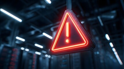 Glowing red warning sign hangs suspended within a dark industrial interior space