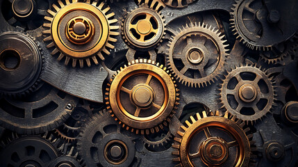 A close up of a large number of gears, some of which are gold. The gears are arranged in a pattern and appear to be part of a larger machine
