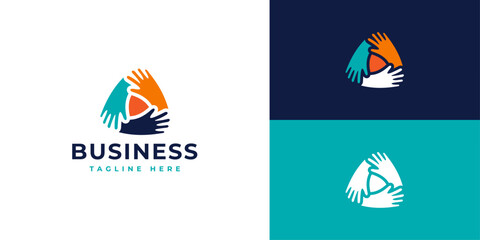 Community Hands with Play Icon Logo – Social Connection, Media, and Support Symbol for Charity or Digital Platforms