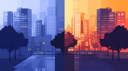 Two cityscapes with a blue sky and a red sky. The buildings are tall and there are trees in the foreground. The cityscapes are in different colors
