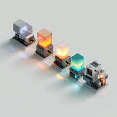 A Futuristic Assembly Line Featuring Glowing Modular Units and Colorful Cubes with Energy Sources in a Compact Design Setting