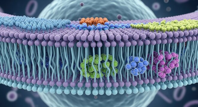 Closeup view of a cell membrane with embedded proteins