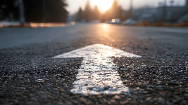 Road marking arrow points forward toward a bright sunrise or sunset
