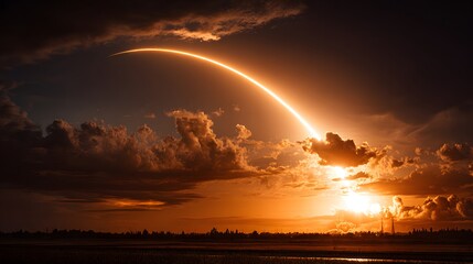 Brilliant streak of light arcs across a dramatic, cloud-filled twilight sky after an ascent from the horizon.
