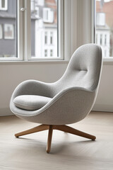 Soft curved lounge chair gray fabric cushion wooden base modern living room by window