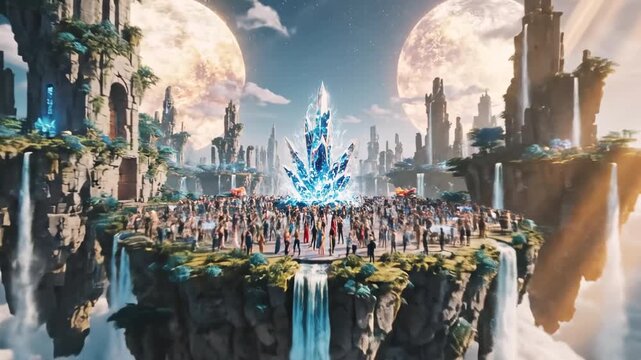 A person in VR headset interacts with a fantasy world featuring dragons and landscapes