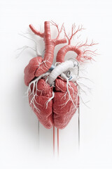 Artificial human heart model with vascular tubing and grafts showing medical device connection and anatomical detail in clean clinical composition evoking precision and clinical urgency