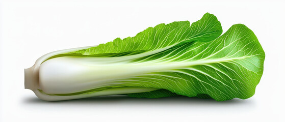 Crisp bok choy with glossy green leaf and pale crunchy stem, fresh vegetable on white background conveying natural texture and healthy kitchen ingredient