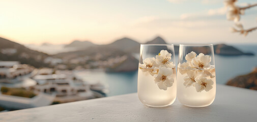 Two floral glasses with white blossom romantic sea view soft sunset light minimalist composition serene terrace scene