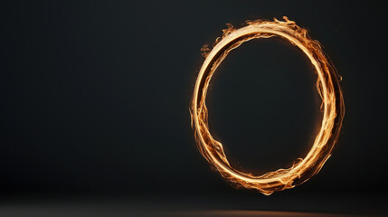 Fiery ring glowing on dark background, minimal composition, dramatic lighting, warm tone, energetic movement, abstract circular flame
