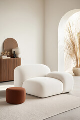 Comfortable modern lounge chair with soft rounded silhouette, neutral textured fabric, warm pouf and minimalist living room with dried pampas in arch window, serene cozy atmosphere